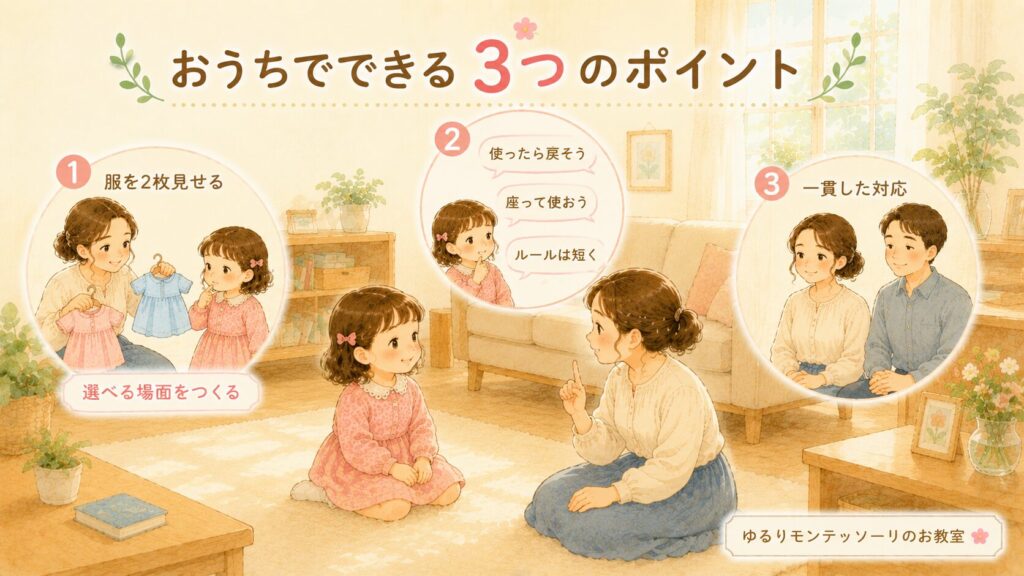 家庭で子どもが選択し大人が穏やかに関わる様子のイラスト