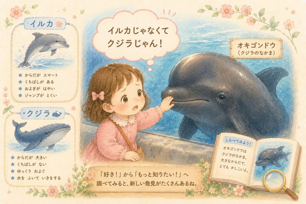 オキゴンドウに触れながら「イルカじゃなくてクジラ！」と驚く女の子のイラスト