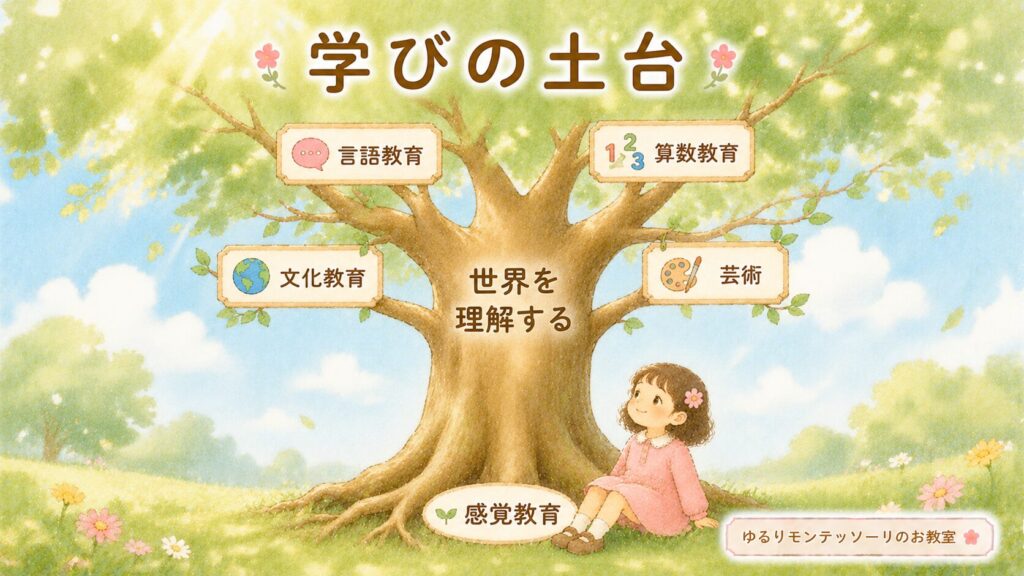 感覚教育が言語教育や算数教育につながることを表したイラスト