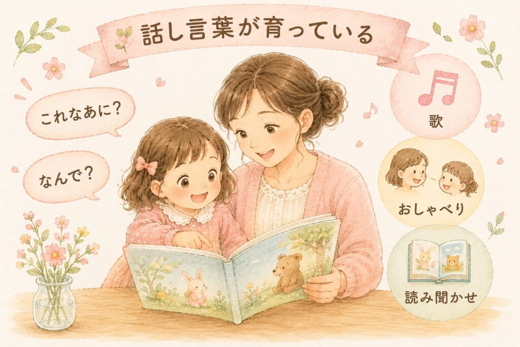 絵本を読みながら会話を楽しむ親子のイラスト
