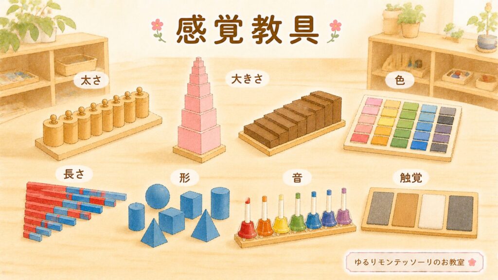モンテッソーリ教育の代表的な感覚教具を一覧で紹介したイラスト