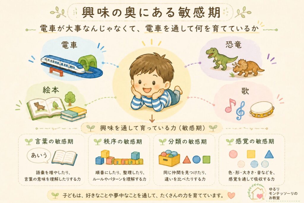 興味の奥にある敏感期を説明したモンテッソーリ教育の図解