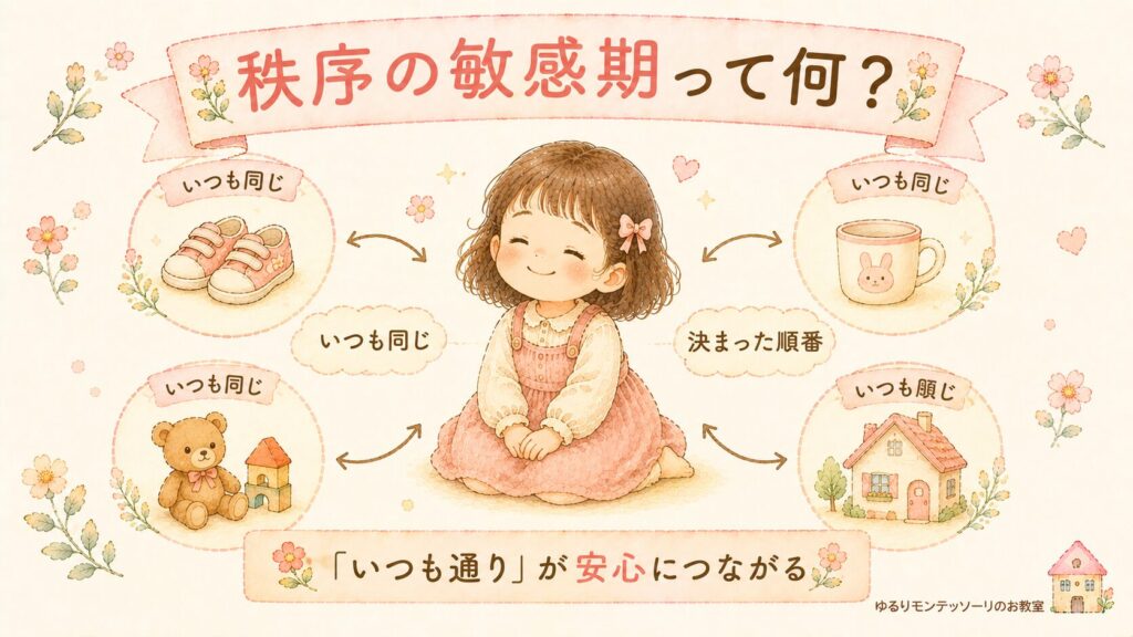 靴やコップ、おもちゃなど、いつも同じ順番を好む秩序の敏感期を表したイラスト