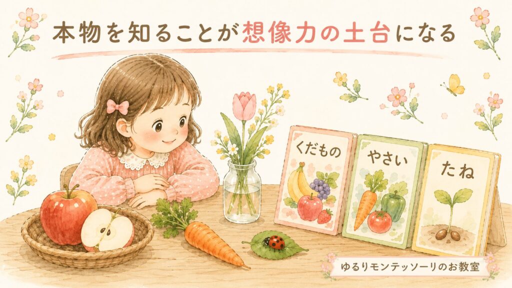 果物や花と絵本を見比べる女の子のイラスト