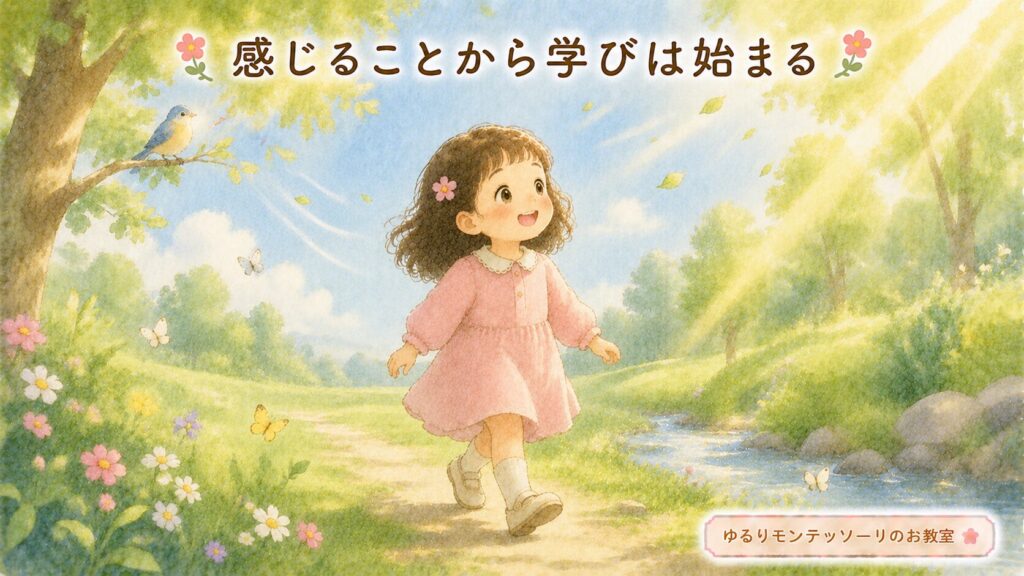 自然の中で五感を使って世界を感じる子どものイラスト