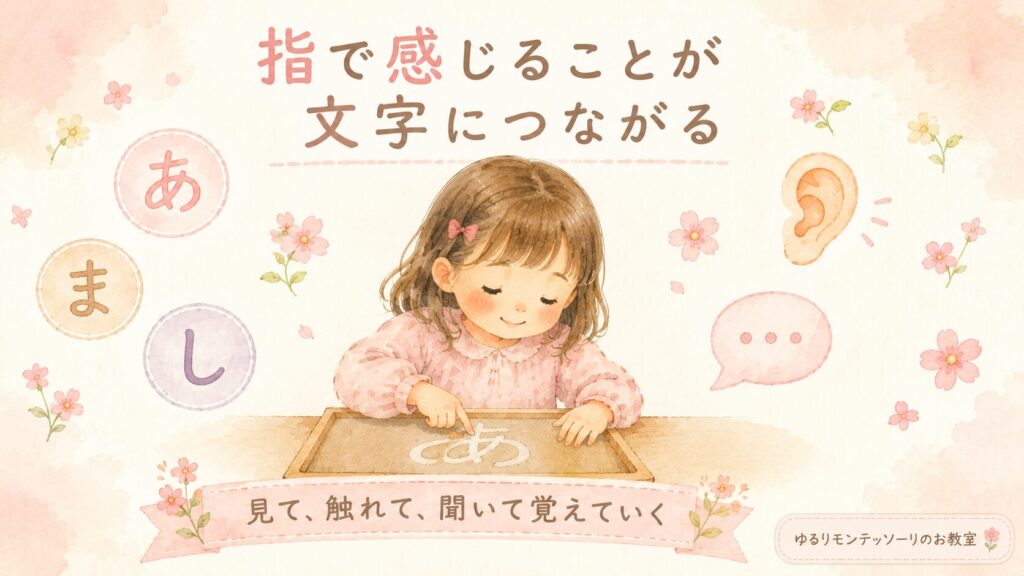 文字を指でなぞる女の子のイラスト。見る、触る、聞くを通して文字を覚えていく様子。」