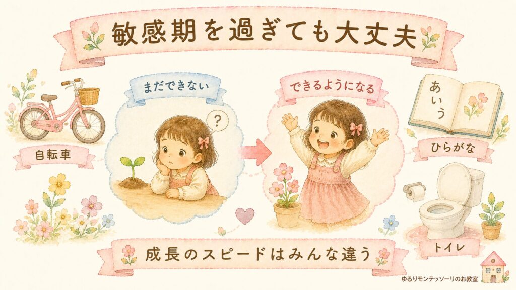 自転車やひらがなを通して成長していく女の子のイラスト
