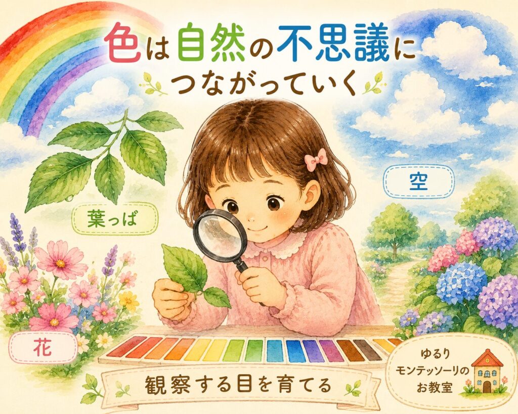 虹や花、空など自然の色を観察する女の子のイラスト