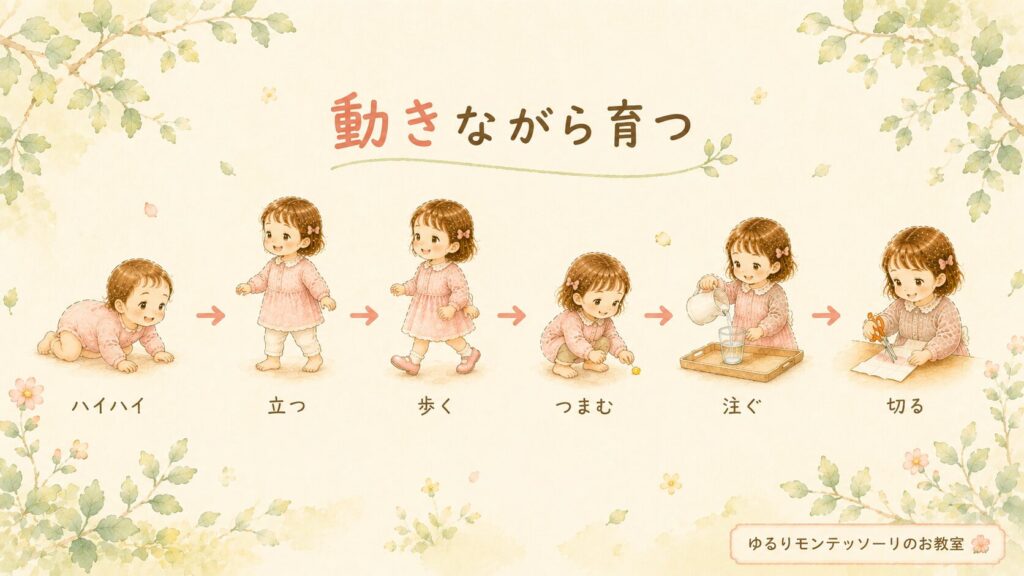 歩く、つまむ、水を注ぐなど運動の敏感期にさまざまな動きを繰り返す女の子のイラスト