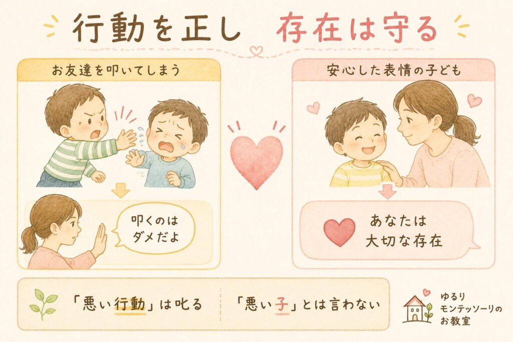 悪い行動は叱り、存在は守ることを表したイラスト