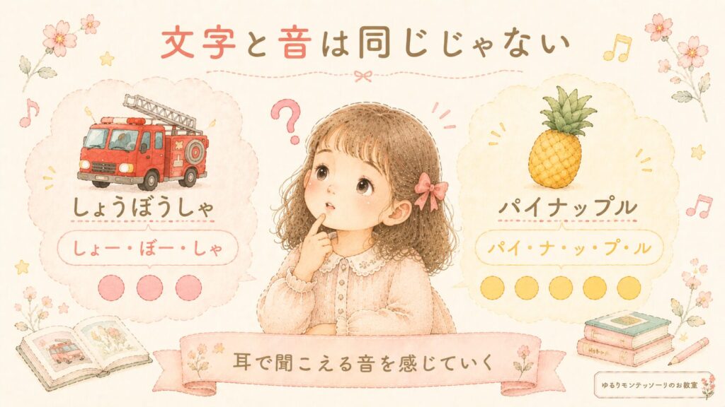 消防車やパイナップルを通して音節の違いを学ぶ女の子