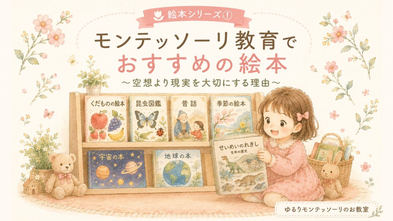 低い本棚の前で『せいめいのれきし』を手に取る女の子のイラスト