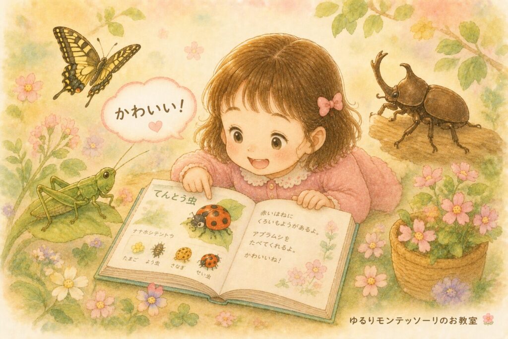 昆虫図鑑のてんとう虫のページを嬉しそうに眺める小さな女の子のイラスト