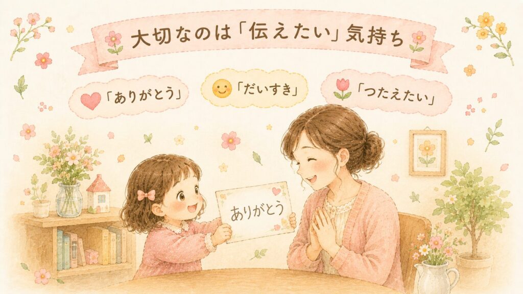「ありがとう」と書いた紙をお母さんに渡す女の子のイラスト