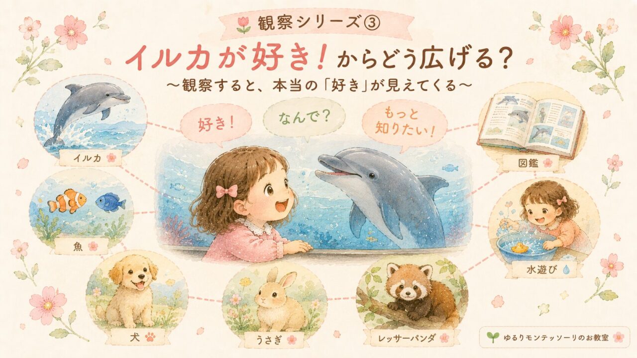 イルカを見ながら笑顔の女の子と、魚や犬、図鑑など興味の広がりを表したイラスト