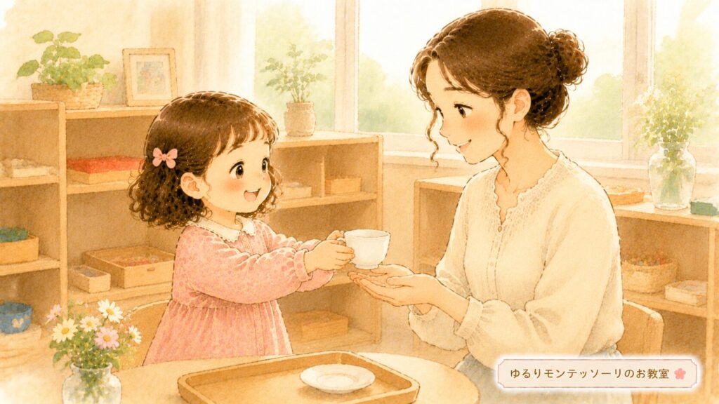 モンテッソーリ幼稚園で本物のティーカップを運び先生へお茶を出す子どものイラスト