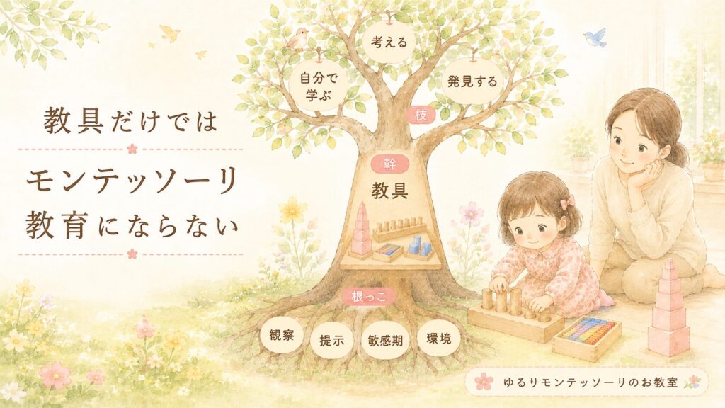 教具だけではモンテッソーリ教育にならないを説明したイラスト