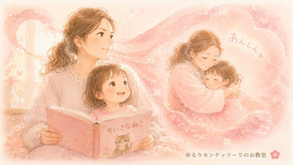 母親が娘へ安心感を伝えながら絵本を読む様子