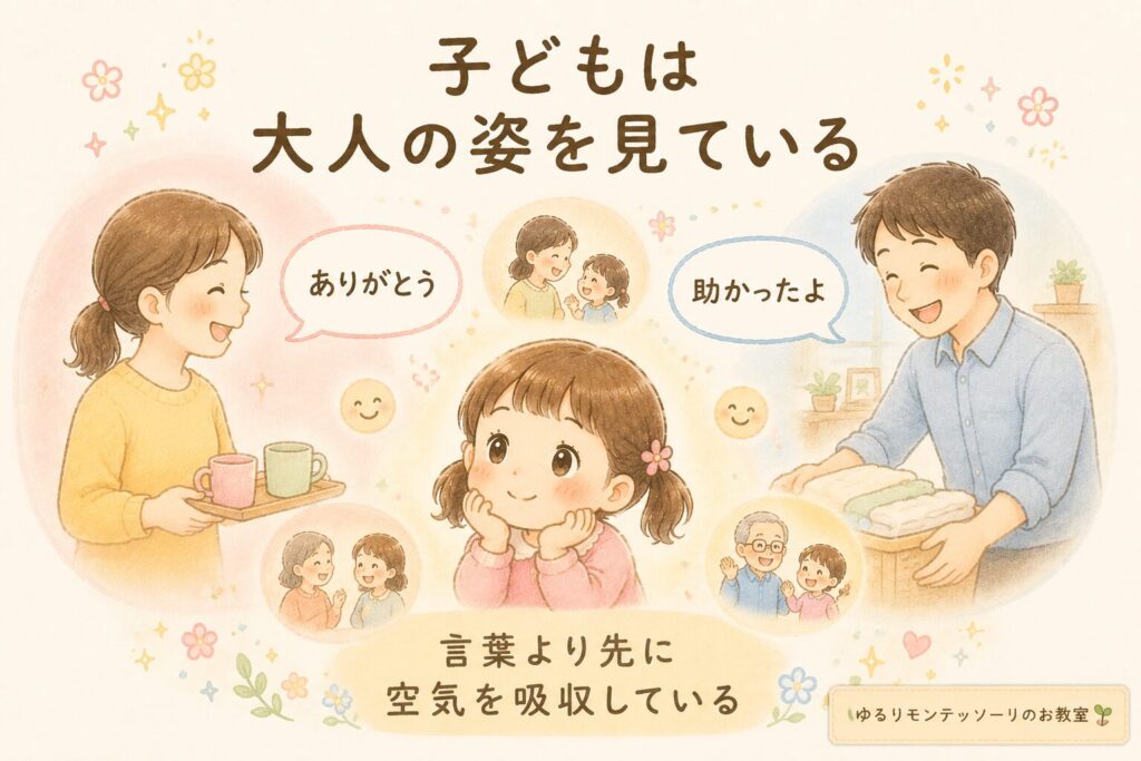 大人同士が「ありがとう」を伝え合う姿を見つめる子どものイラスト