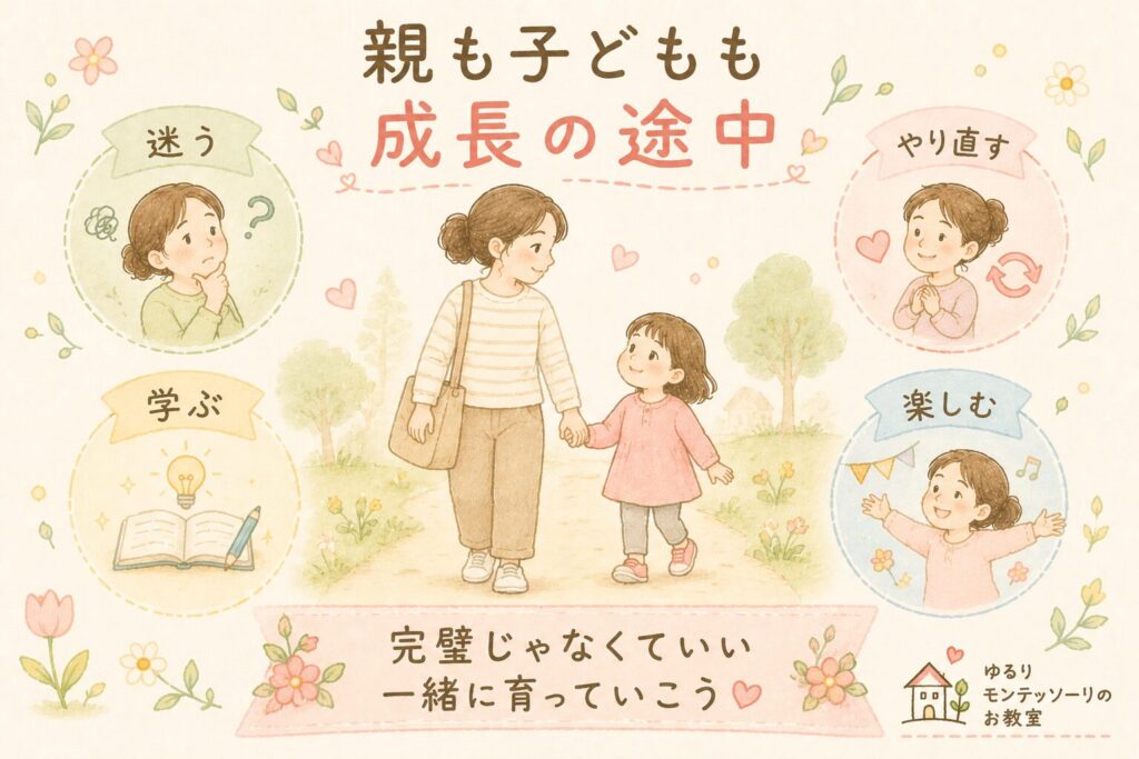 親も子どもも一緒に成長していく姿を表したイラスト