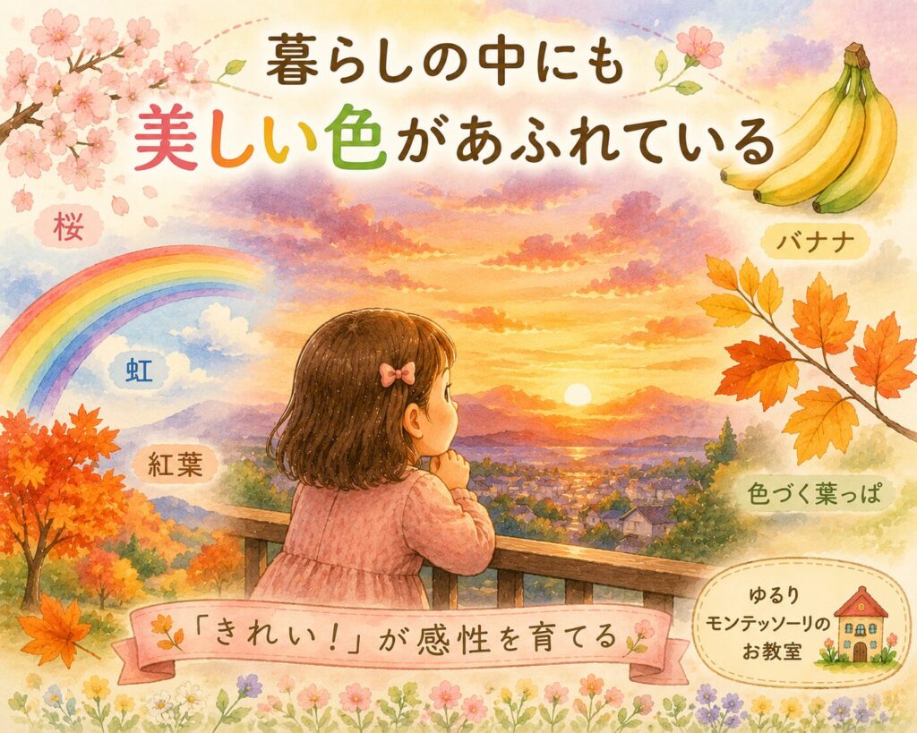 夕焼けや桜、虹など暮らしの中の美しい色を眺める女の子のイラスト