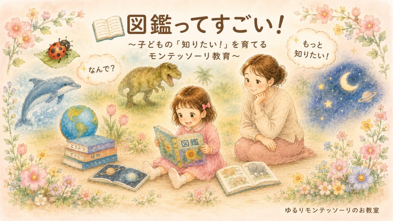 図鑑を読みながらイルカや恐竜、地球や宇宙などに興味を広げる女の子のイラスト