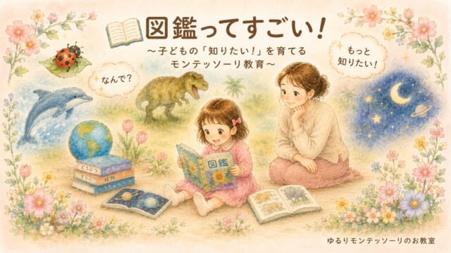 図鑑を読みながらイルカや恐竜、地球や宇宙などに興味を広げる女の子のイラスト