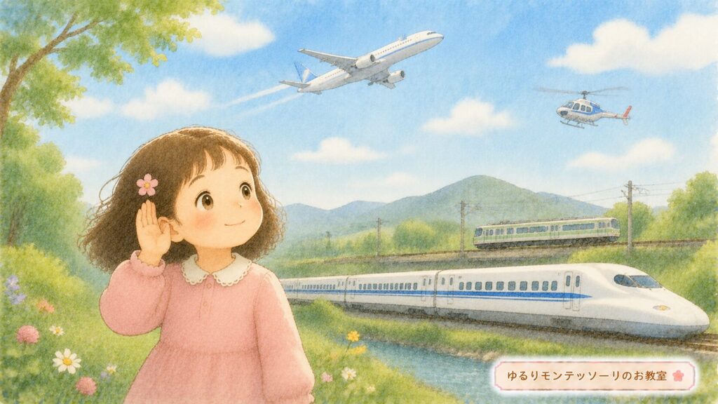 飛行機や電車の音を聞き分ける子どものイラスト