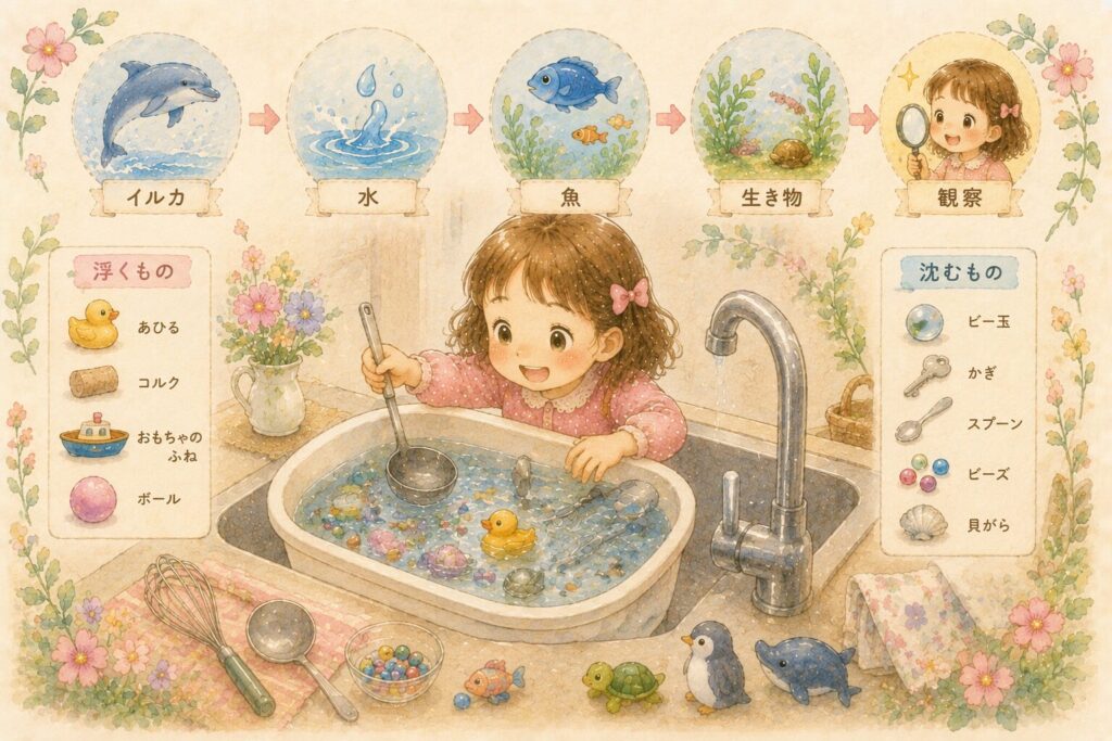 水遊びをしながら浮く沈むを楽しむ女の子と、イルカから水への興味の広がりを表したイラスト