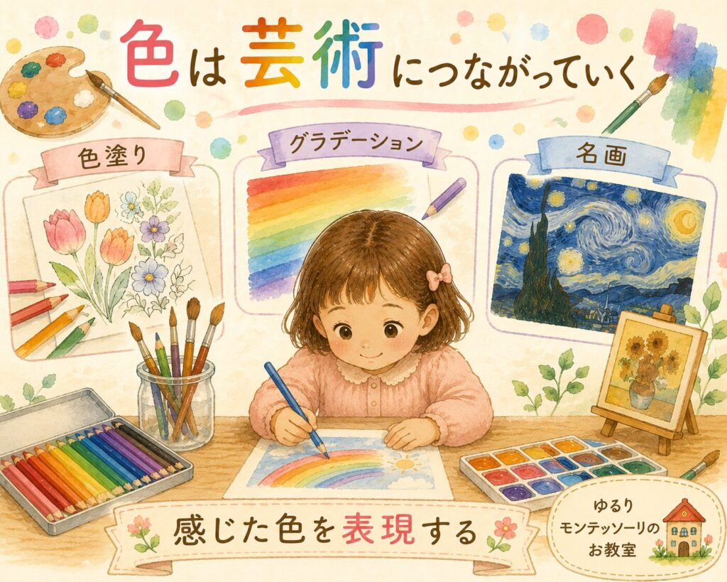 モンテッソーリの色板から芸術や表現活動へ広がる様子を表したイラスト