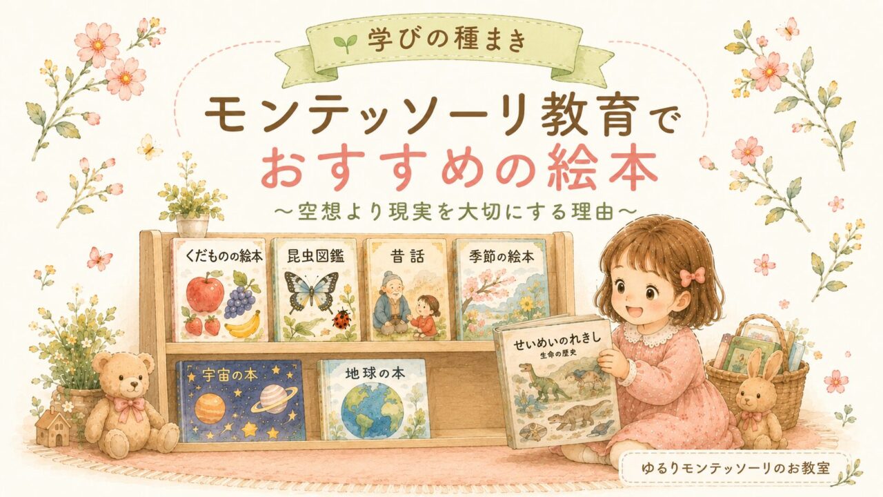 低い本棚の前で『せいめいのれきし』を手に取る女の子のイラスト