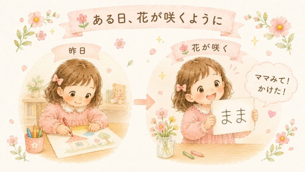 お絵描きをしていた女の子が「まま」と書けるようになり喜んでいるイラスト