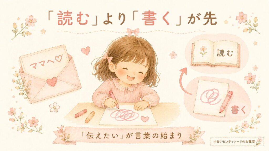 ぐるぐるお手紙を書く女の子。モンテッソーリ教育では読むより書くが先。