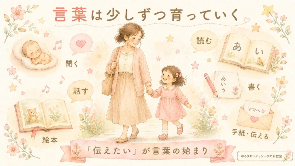 言葉は少しずつ育っていく。笑顔で歩く親子