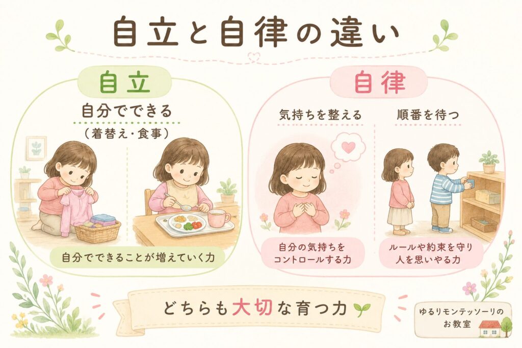 自立と自律の違いを表したモンテッソーリ教育のイラスト