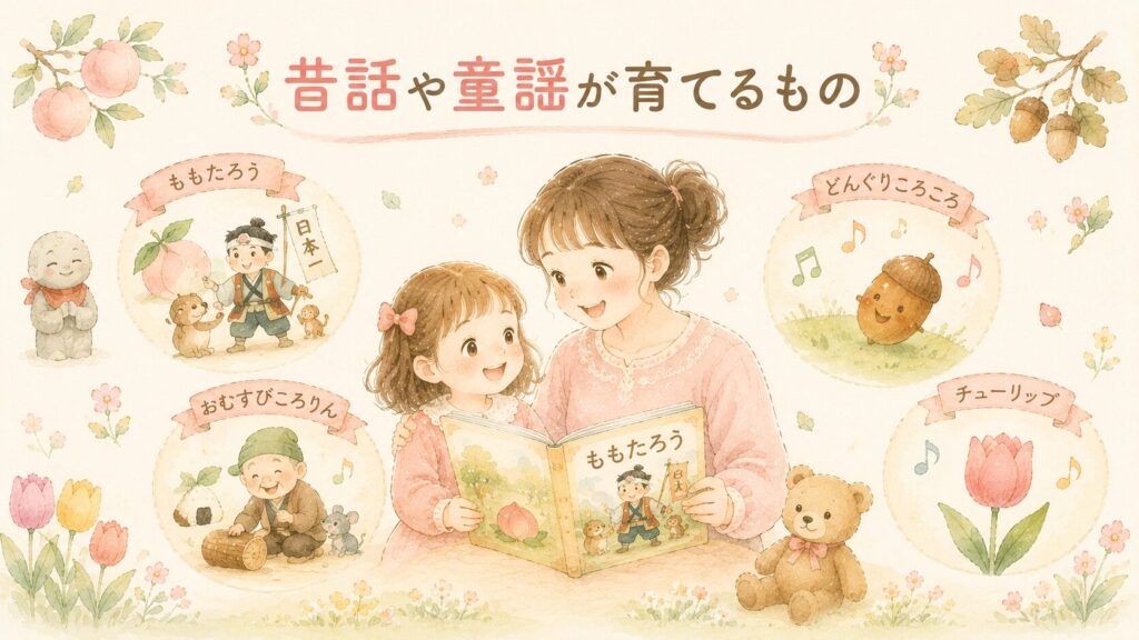 昔話や童謡を楽しむ親子のイラスト