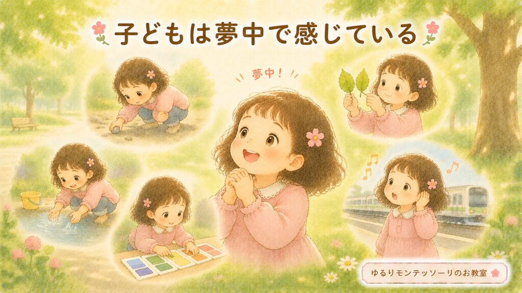 石集めや水遊び、音を楽しむ子どもの様子を表したイラスト