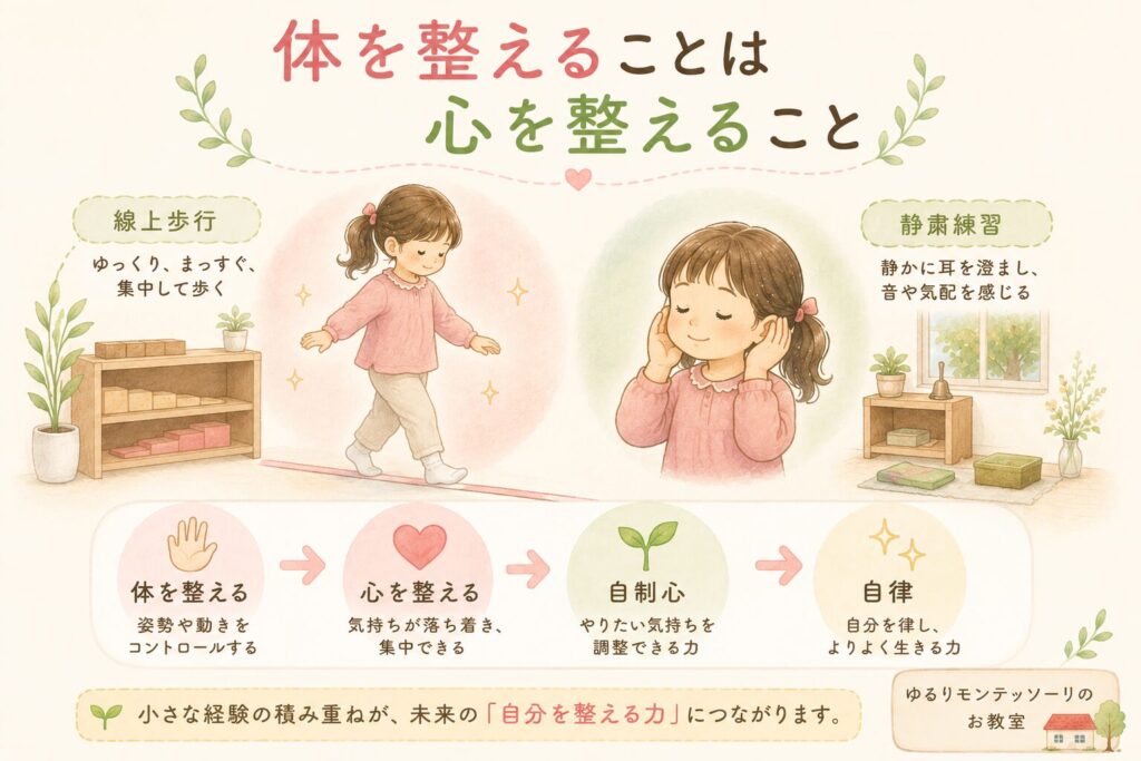 線上歩行と自律の関係を表したモンテッソーリ教育のイラスト