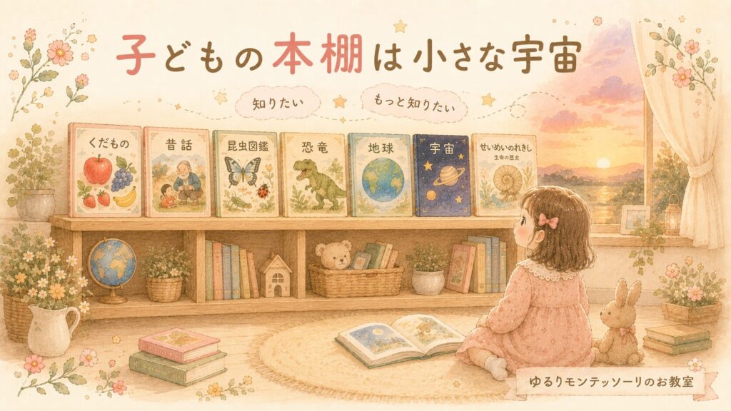 宇宙や生命の歴史の本が並ぶ本棚の前に座る女の子のイラスト