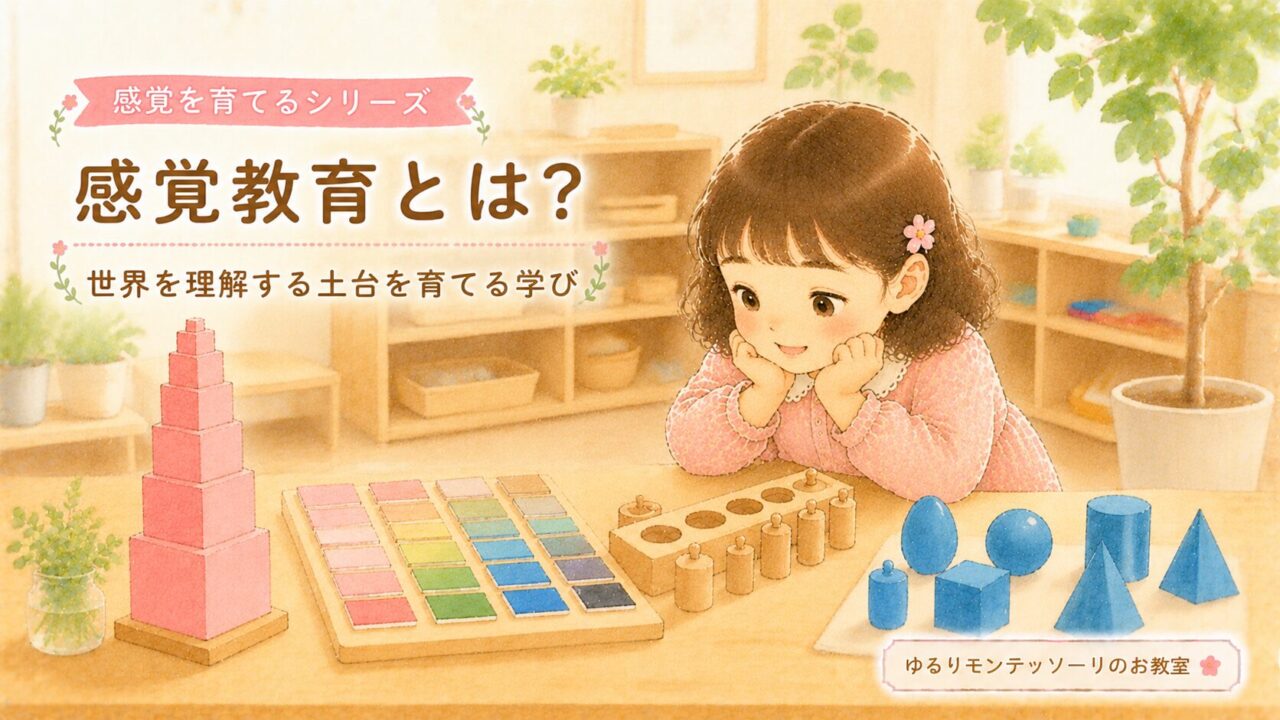 モンテッソーリ教育の感覚教具に興味を持つ子どものイラスト