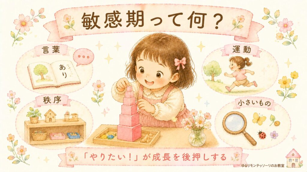 夢中になって活動する女の子と、言葉や運動などの敏感期を表したイラスト