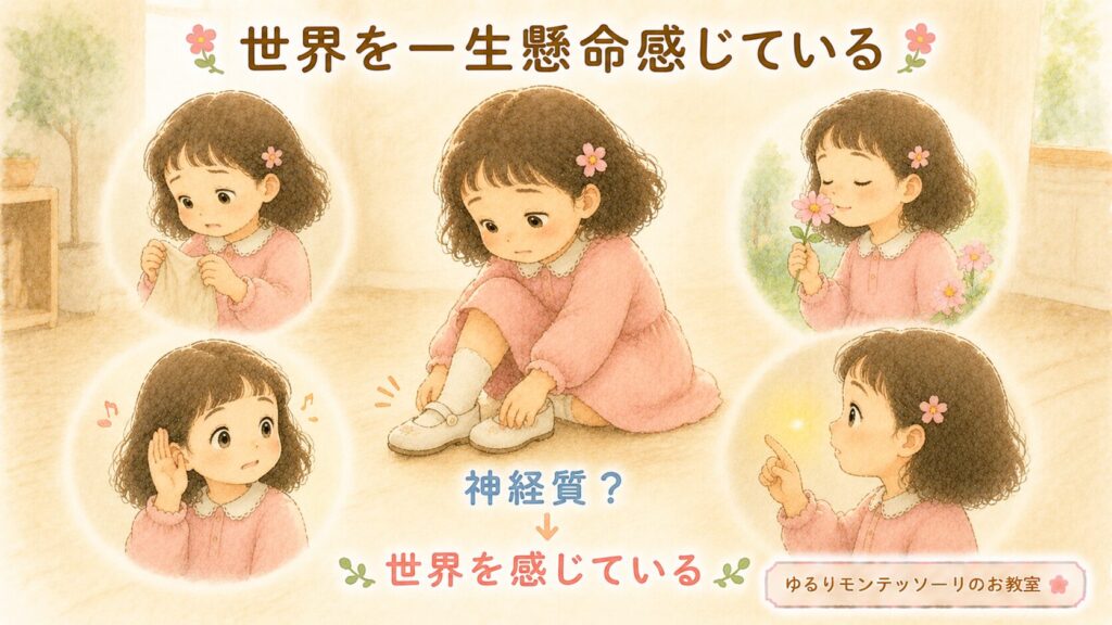 靴や服の着心地、音などに敏感な子どものイラスト
