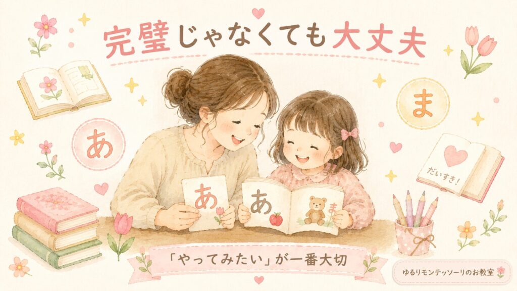 絵本や文字を親子で楽しむ様子。モンテッソーリ教育では『やってみたい』気持ちを大切にする