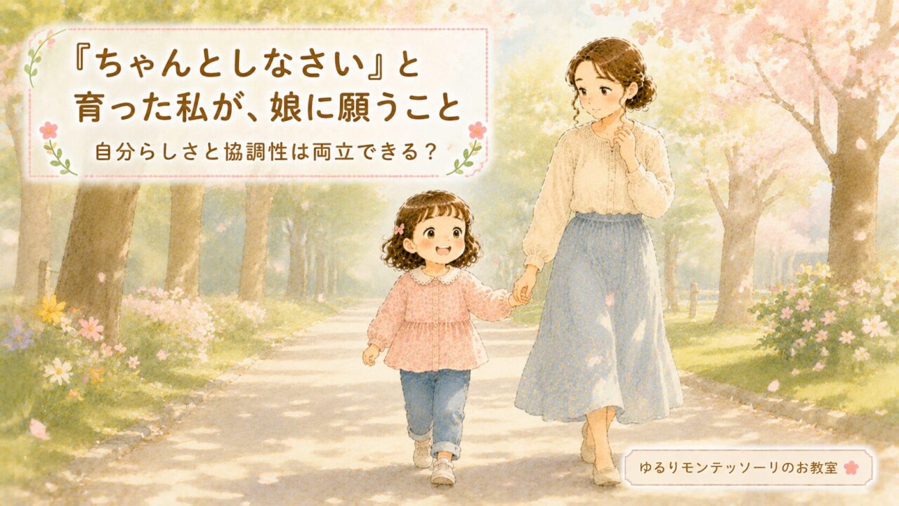 「ちゃんとしなさい」と育った母親と娘が手をつないで歩くイラスト