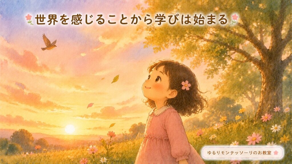 夕焼けや自然を感じながら世界の美しさを味わう子どものイラスト