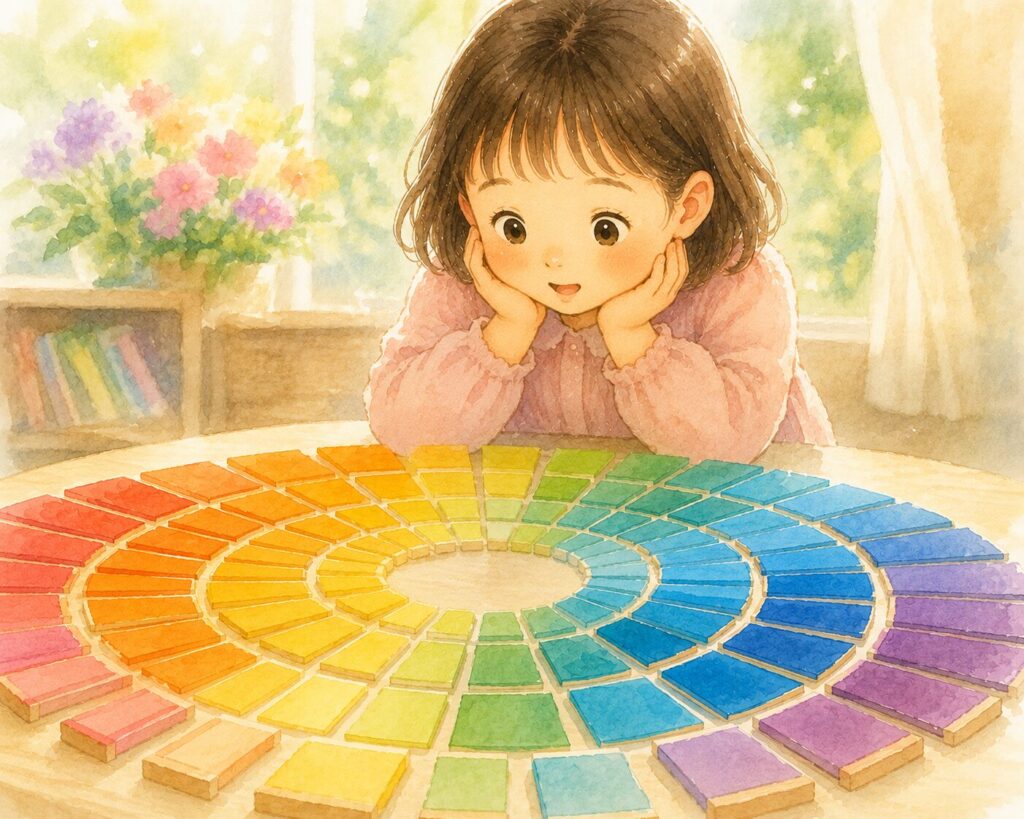 モンテッソーリの色板第3箱で色の美しさを楽しむ女の子のイラスト
