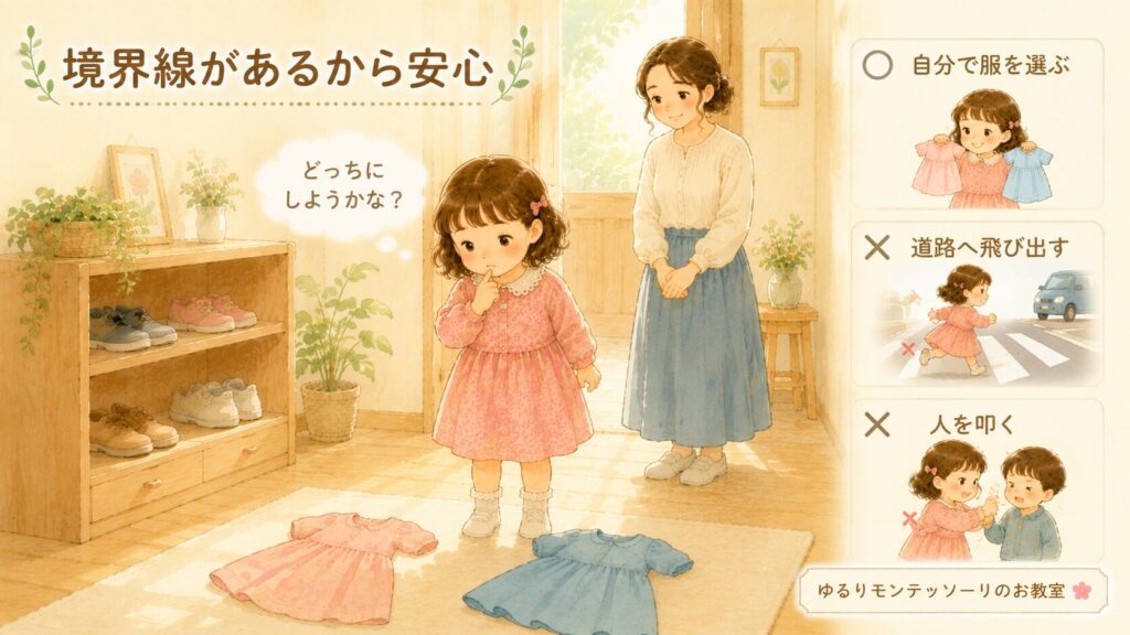 子どもが自分で服を選び大人が優しく見守るイラスト