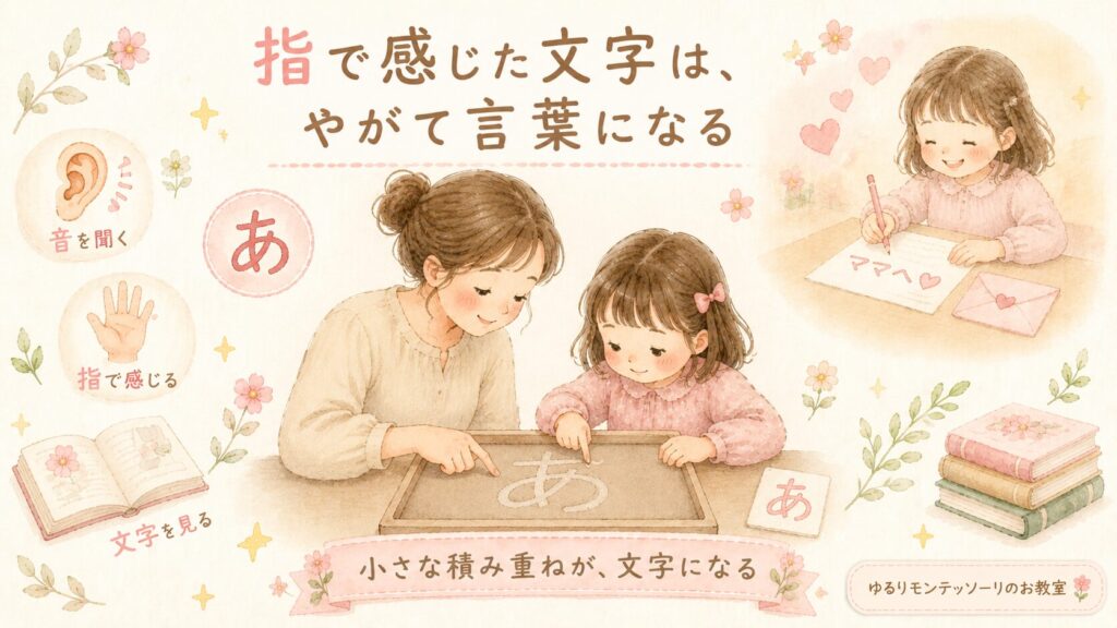 砂文字板をなぞる女の子と、未来のお手紙を書く姿を描いたイラスト