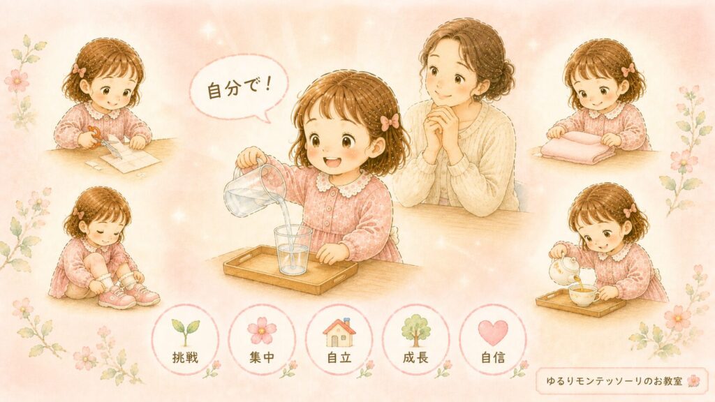 運動の敏感期を通して自立へ成長する女の子と見守るお母さんのイラスト