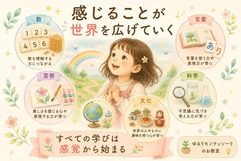 感覚から言葉や数、芸術へと学びが広がる様子を表したイラスト